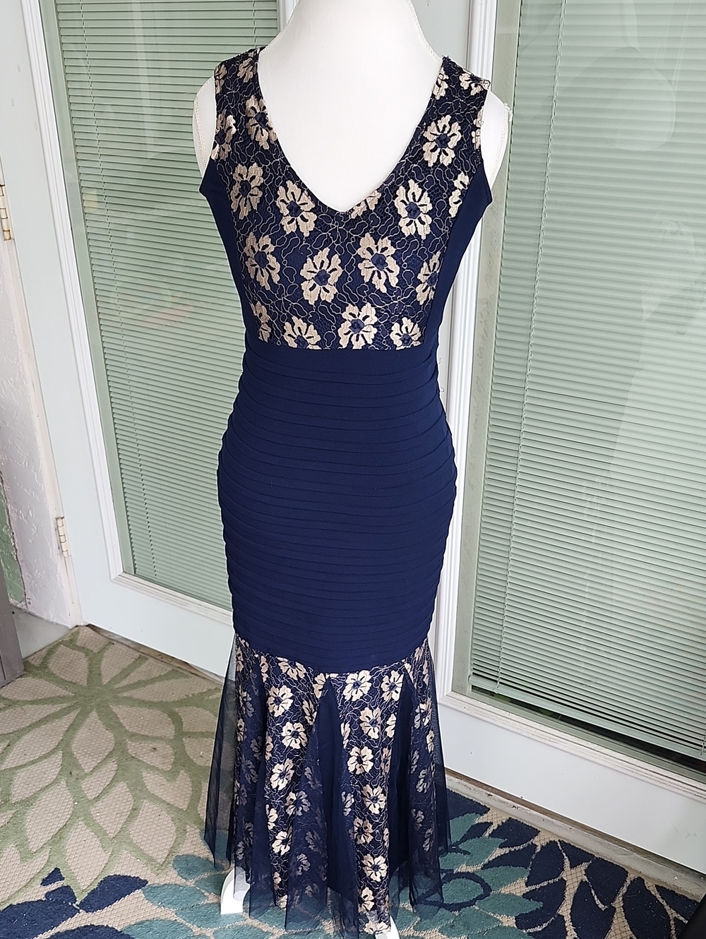 Navy and Gold Lace V-Neck Evening Mermaid Dress